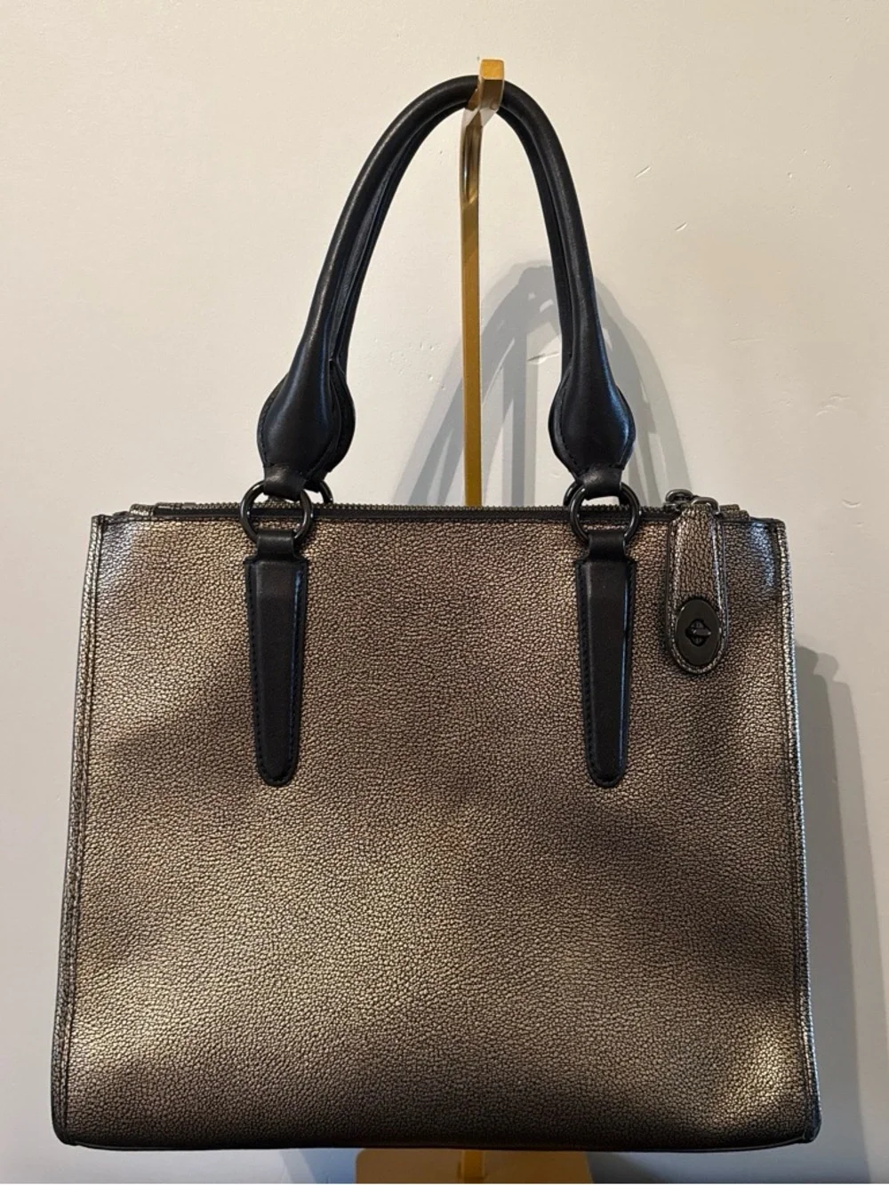 Coach Metallic Gold Pebbled Satchel with Black Trim